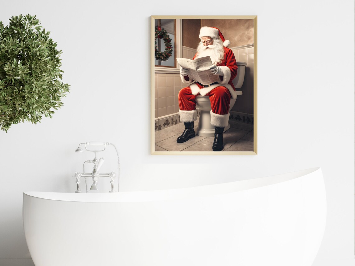 Santa On Toilet Reading Newspaper Tiled Bathroom Christmas Print - Image 4