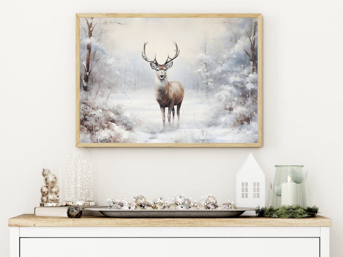 Majestic Stag in Misty Snow Forest Winter Wildlife Art Poster - Image 3