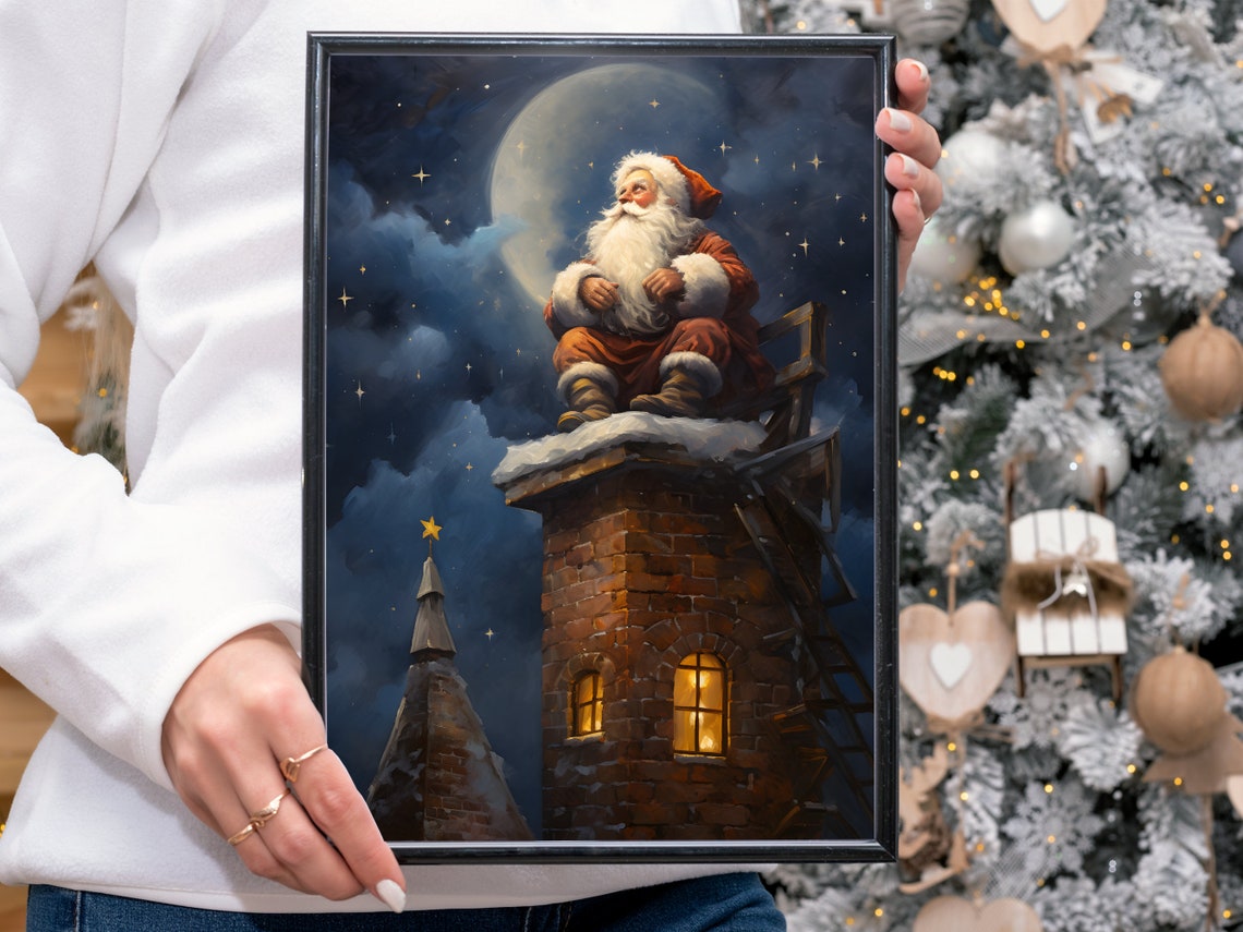 Santa Claus Sitting on Chimney Under Moonlight Christmas Eve Poster - Image 4