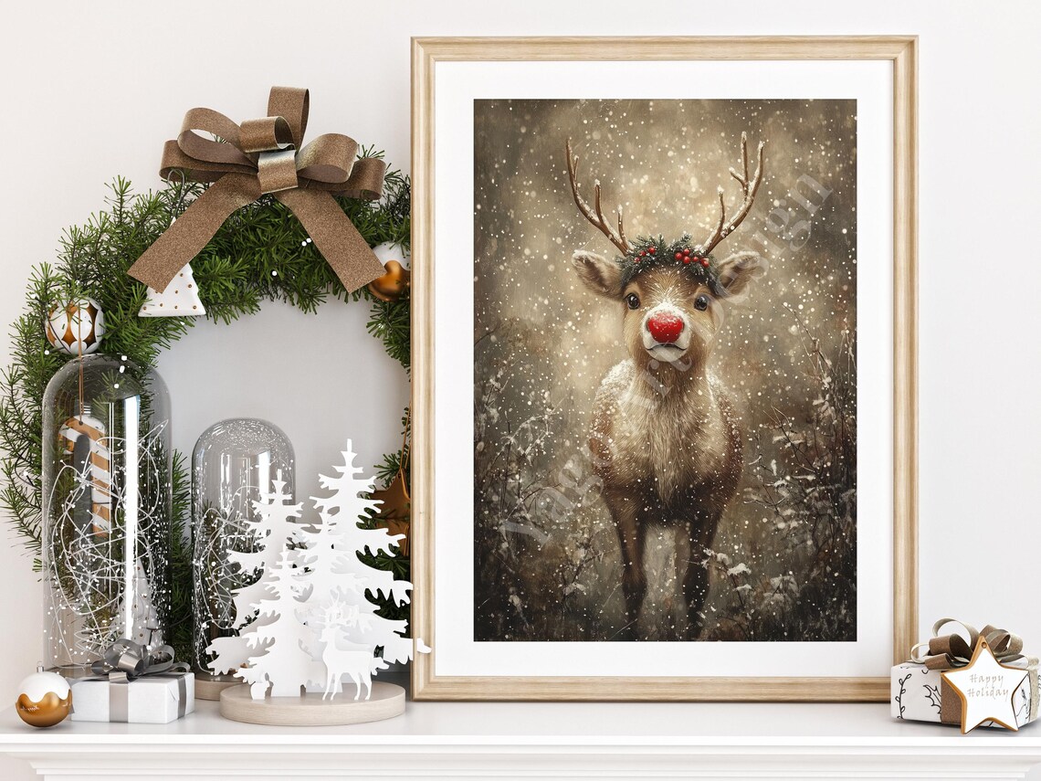 Rudolph Reindeer With Red Nose in Snowfall Christmas Portrait Poster - Image 2
