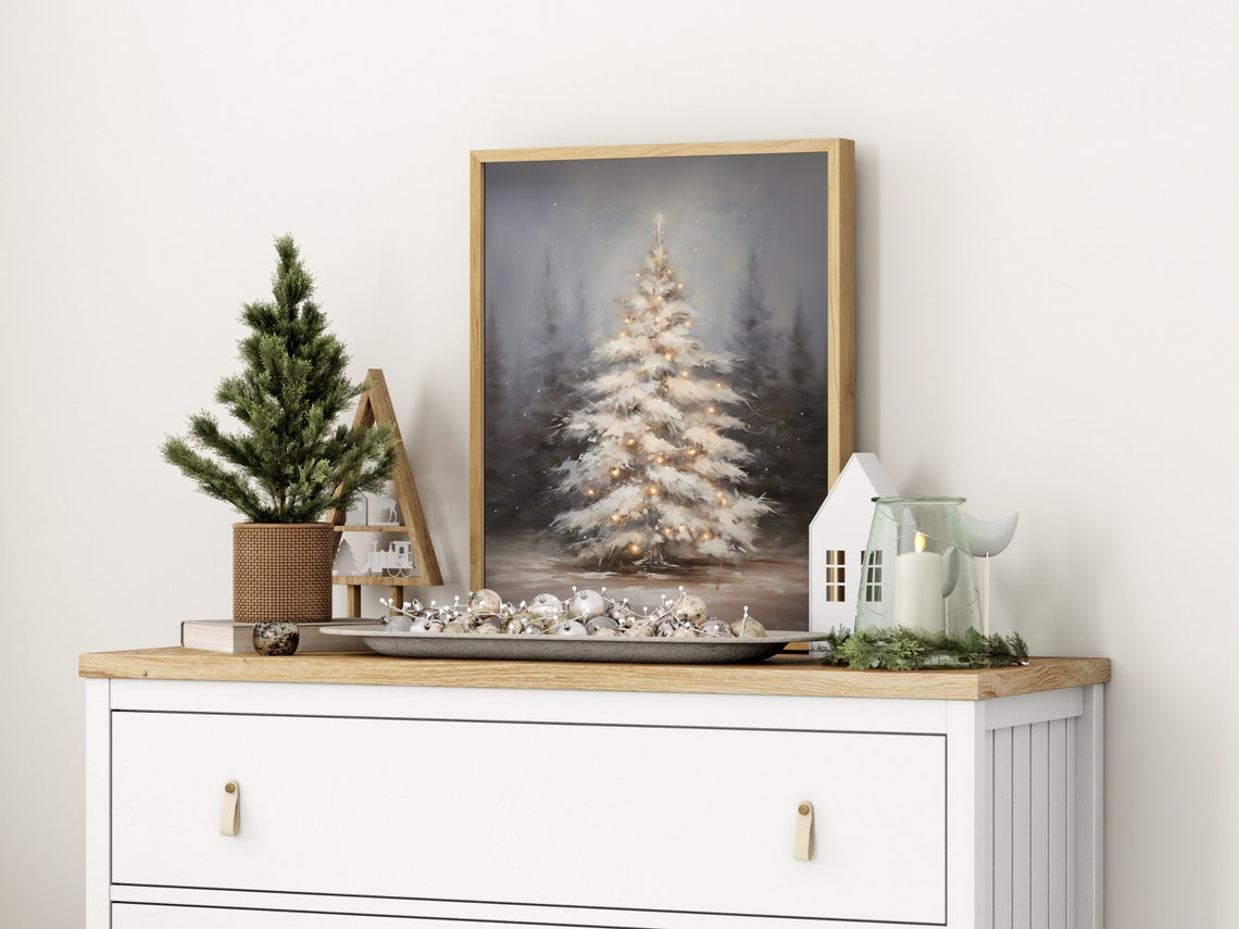Snow Covered White Christmas Tree Winter Night Forest Wall Art - Image 2