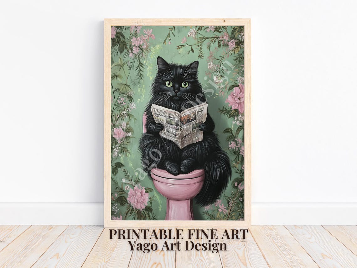 Black Cat Reading Newspaper on Pink Toilet Botanical Bathroom Poster