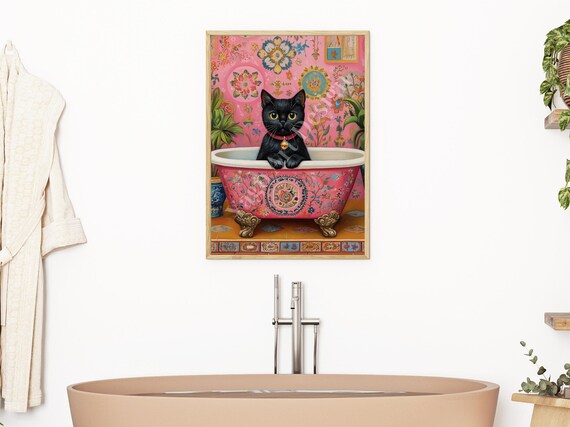 Black Cat In Pink Floral Clawfoot Bathtub Maximalist Decor Poster