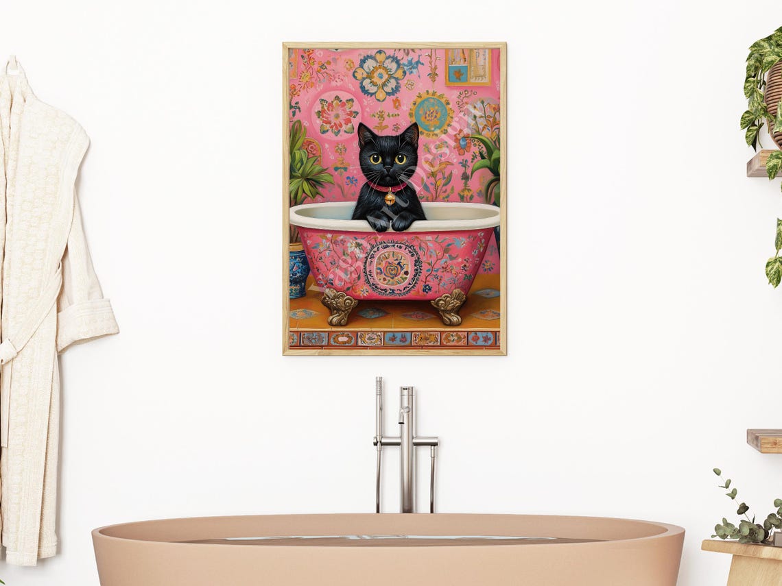 Black Cat In Pink Floral Clawfoot Bathtub Maximalist Decor Poster