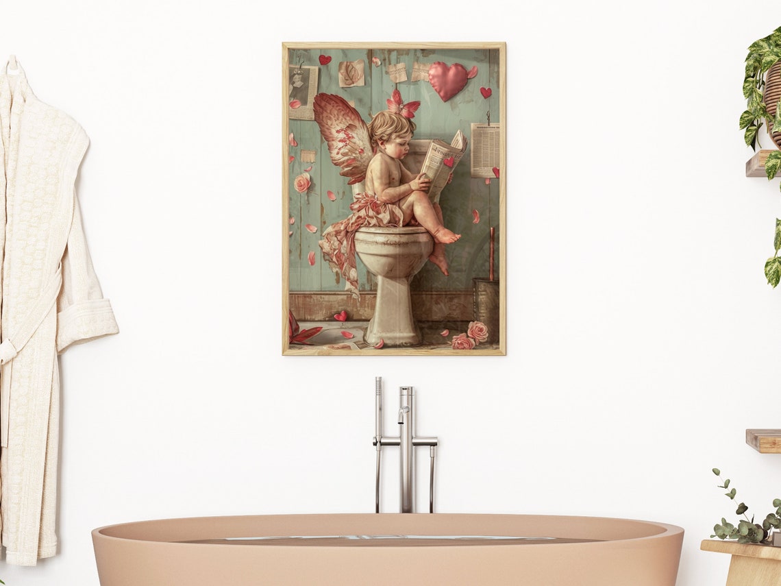 Cupid On Toilet Reading Newspaper Valentine Funny Bathroom Print - Image 3
