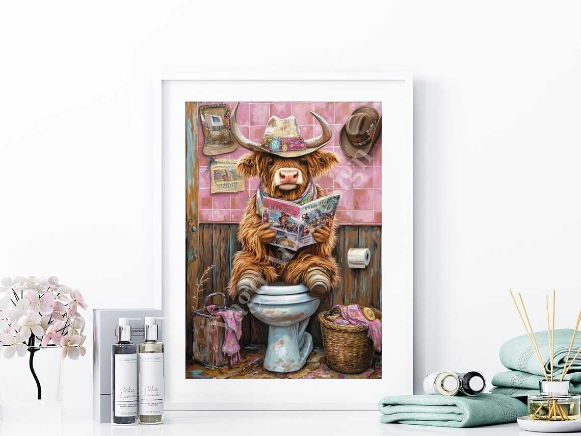 Baby Highland Cow In Cowboy Hat On Toilet Funny Bathroom Poster - Image 3
