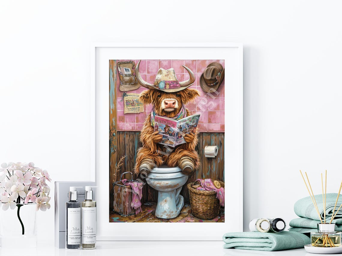 Cowgirl Highland Cow Sitting On Toilet Art Print Rustic Farmhouse Bathroom Decor Trendy Preppy Pink Toilet Poster Cute Western Cowgirl - Image 3