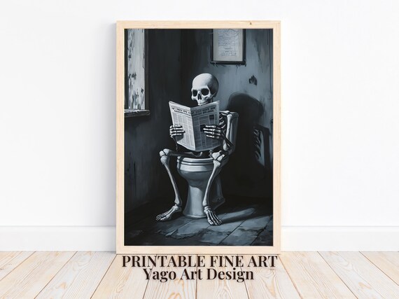 Skeleton On Toilet Reading Newspaper Dark Funny Halloween Print