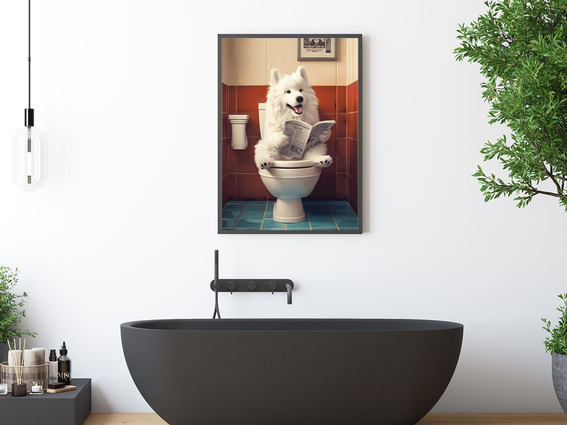Samoyed Dog On Toilet Reading Newspaper Funny Bathroom Poster - Image 3