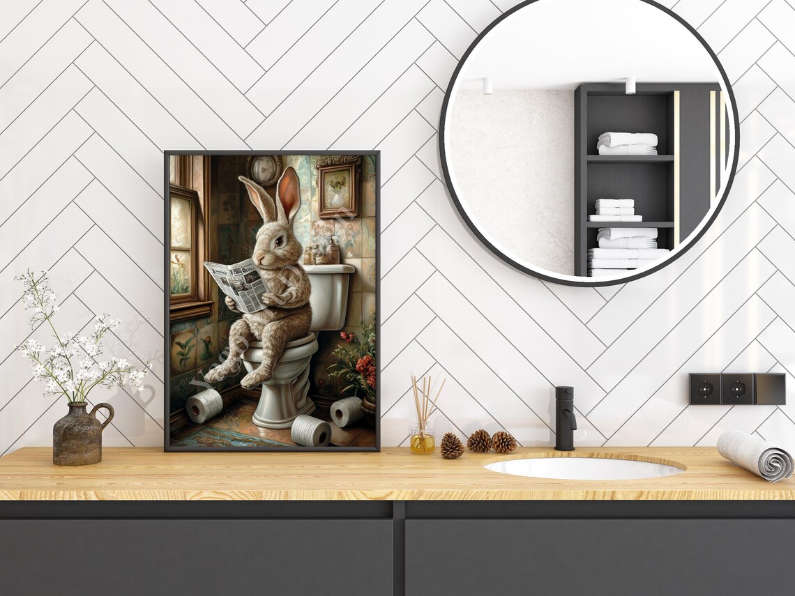 Bunny On Toilet Reading Newspaper Vintage Funny Bathroom Poster - Image 2