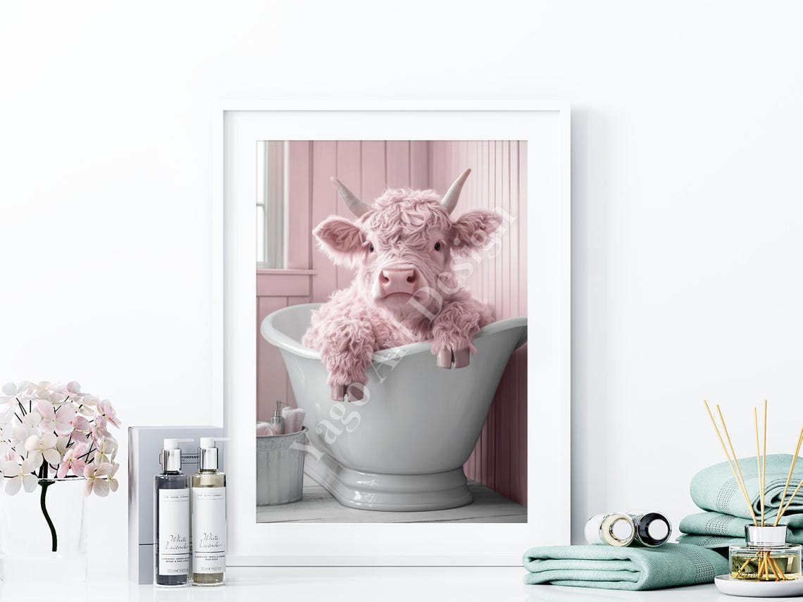 Pink Highland Cow in Bathtub Poster Trendy Pastel Bathroom Decor - Image 4