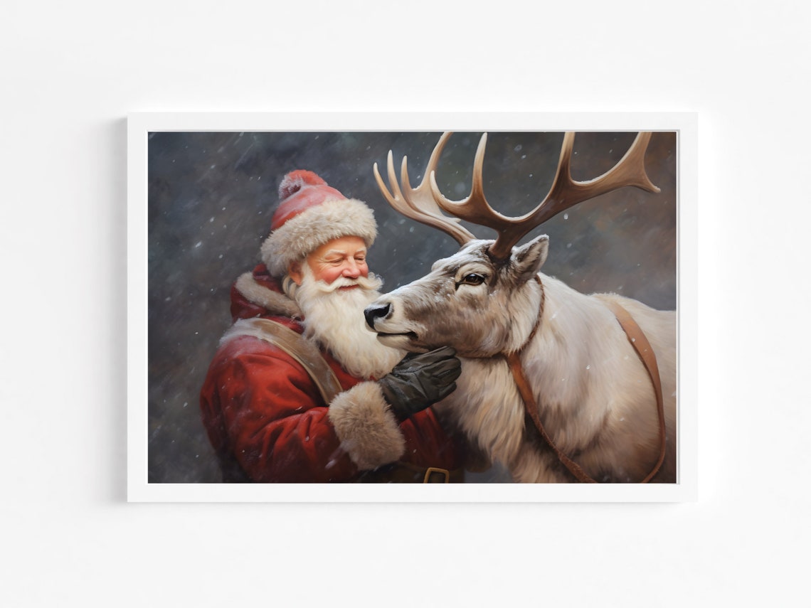 Santas Reindeer Companionship Vintage Christmas Wall Art Christmas Oil Painting Rustic Farmhouse Poster Christmas Art - Image 4