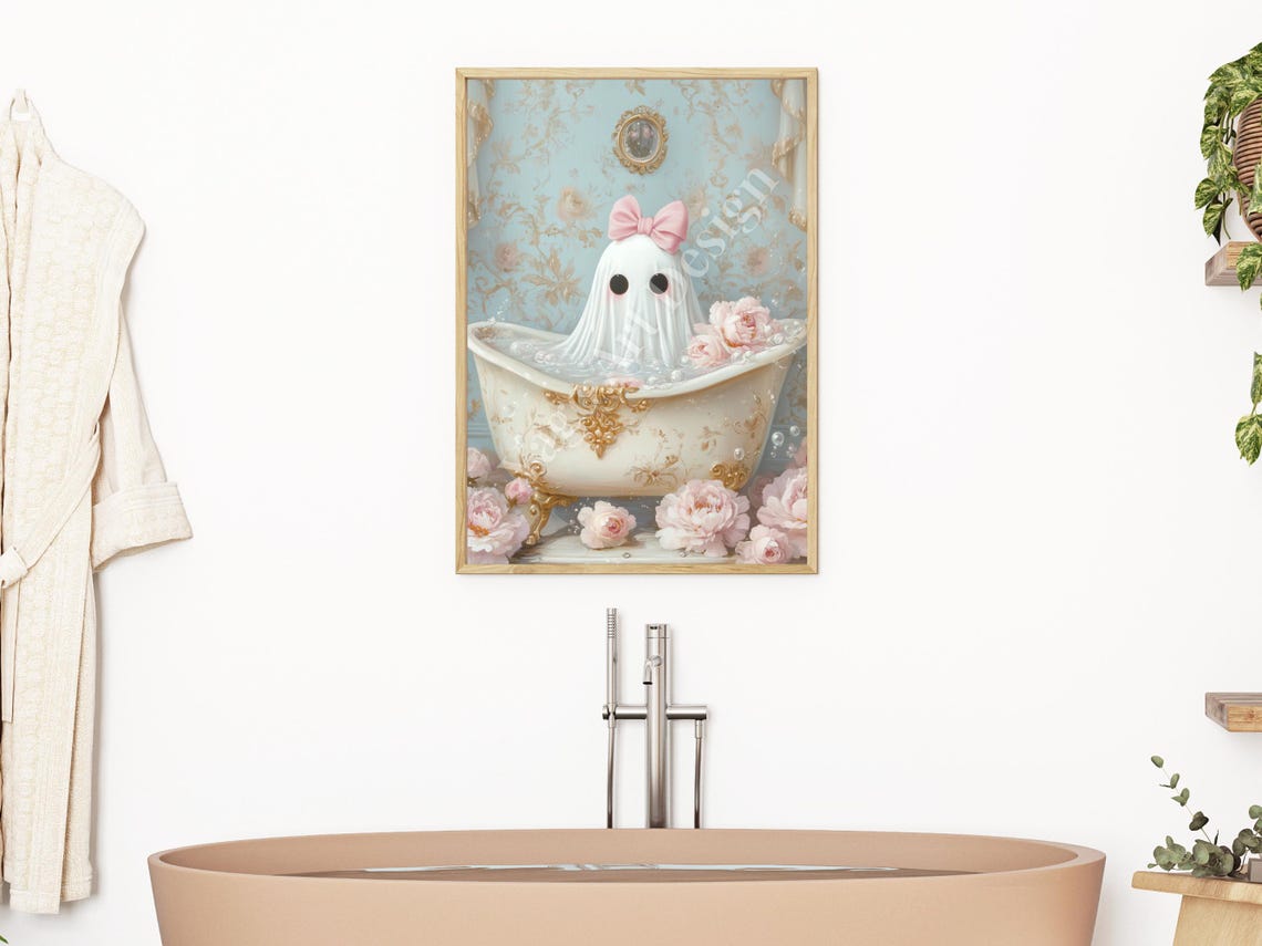 Cute Ghost with Pink Bow in Floral Bubble Bath Pastel Art Poster - Image 3