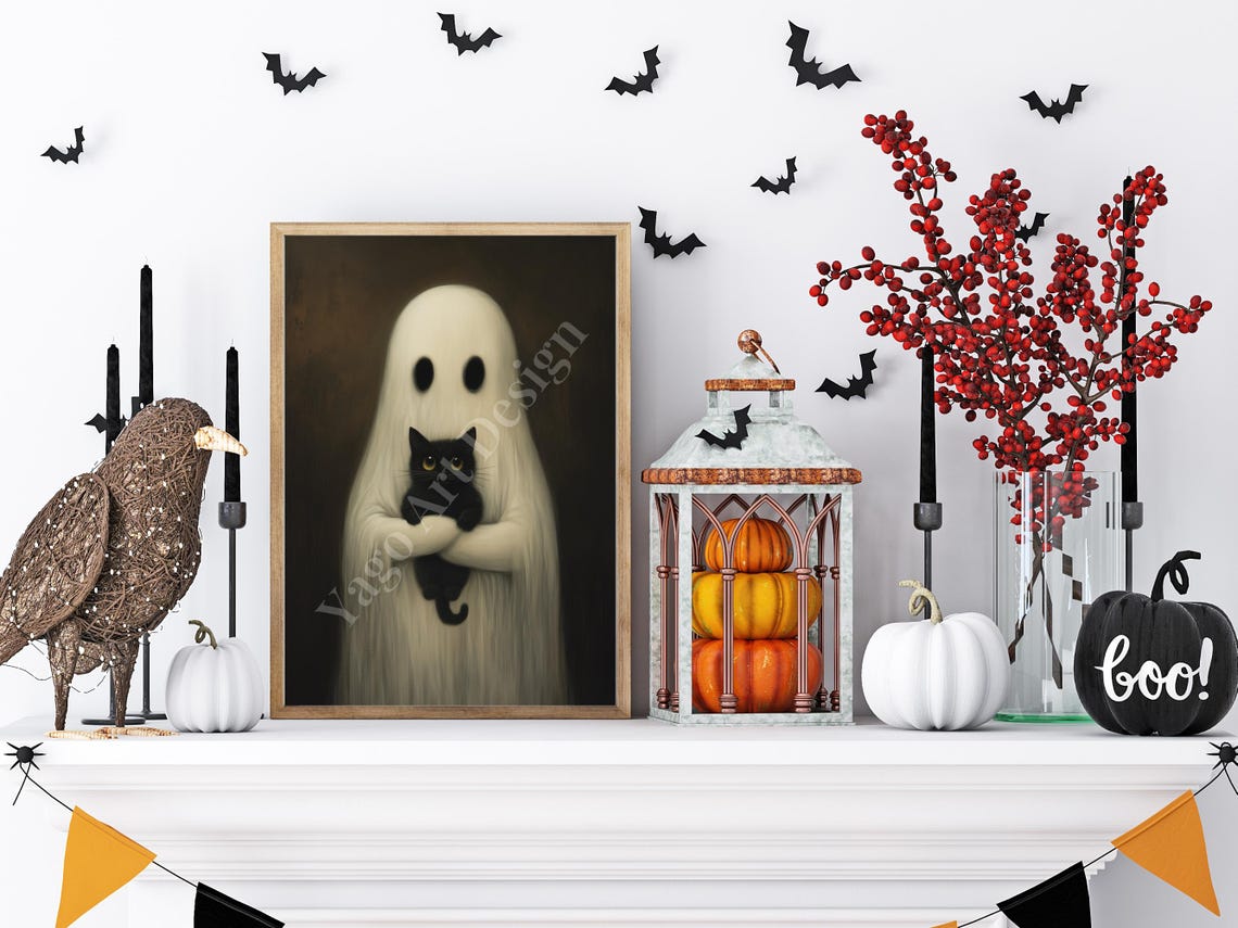 Ghost Holding Black Cat Art Print Dark Romantic Ghost Ghost Spooky Decor Cute Ghost Cat Wall Decor Nursery Halloween Art Poster - Image 4