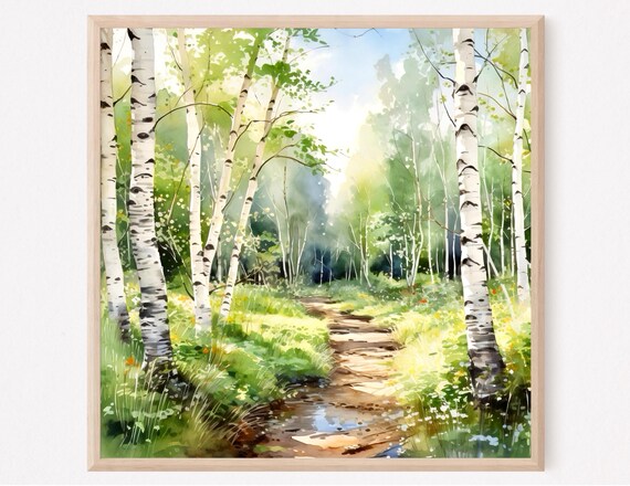 Sunlit Birch Forest Path Watercolor Dappled Green Woodland Art Poster