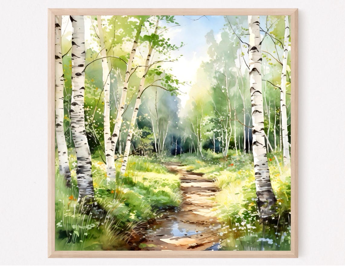 Sunlit Birch Forest Path Watercolor Dappled Green Woodland Art Poster