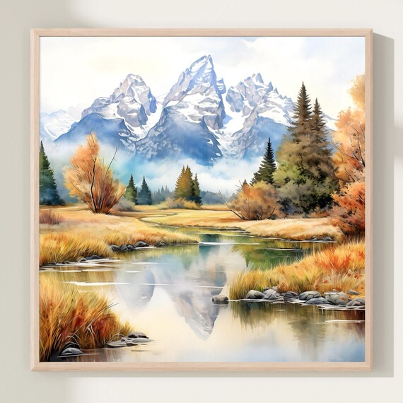 Grand Teton National Park Snowy Peaks Autumn Watercolor Poster