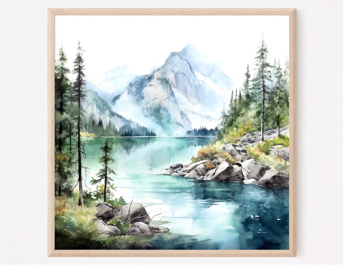 Mountain Lake Watercolor Pine Forest Serene Nature Art Poster