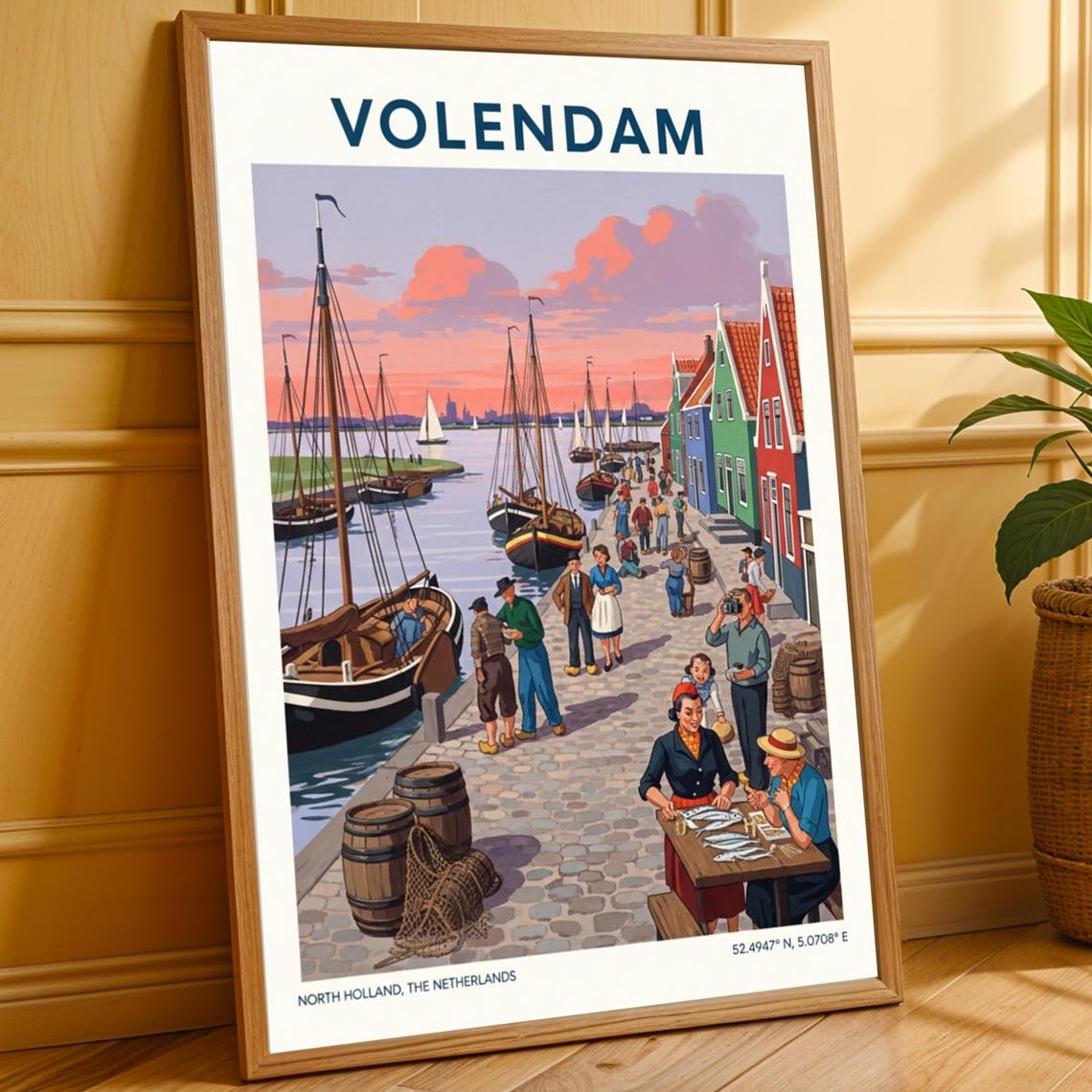 Volendam Netherlands Harbor Sailing Boats Sunset Vintage Travel Poster