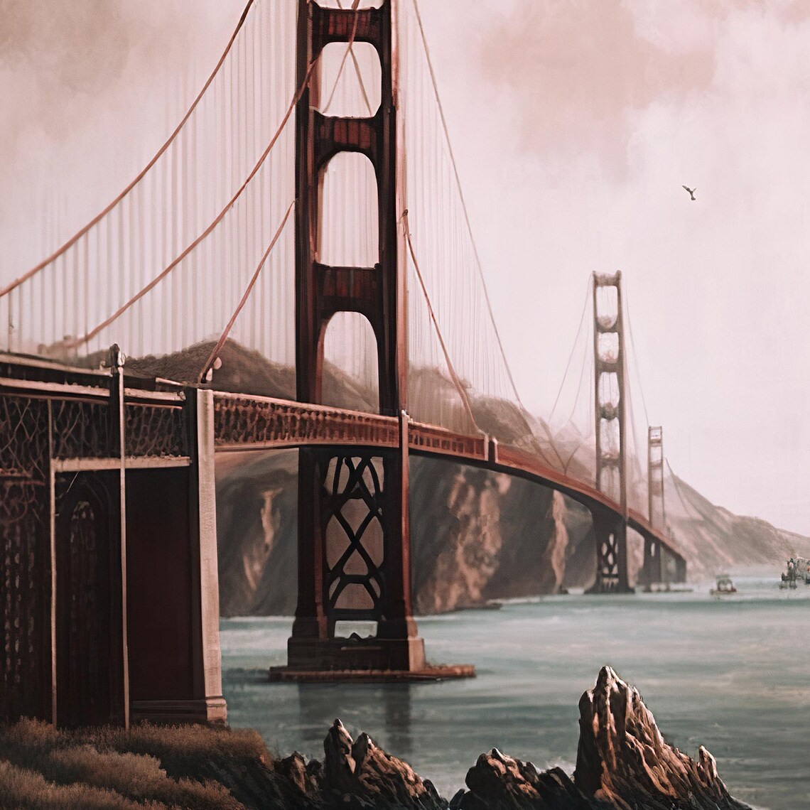 Golden Gate Bridge San Francisco California Us National Monument Vintage Landscape Oil Painting 100 - Image 3