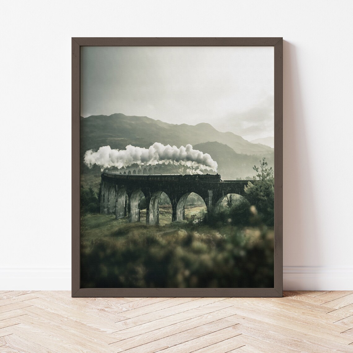Steam Locomotive Train Painting, Arch Bridge Landscape - Image 2