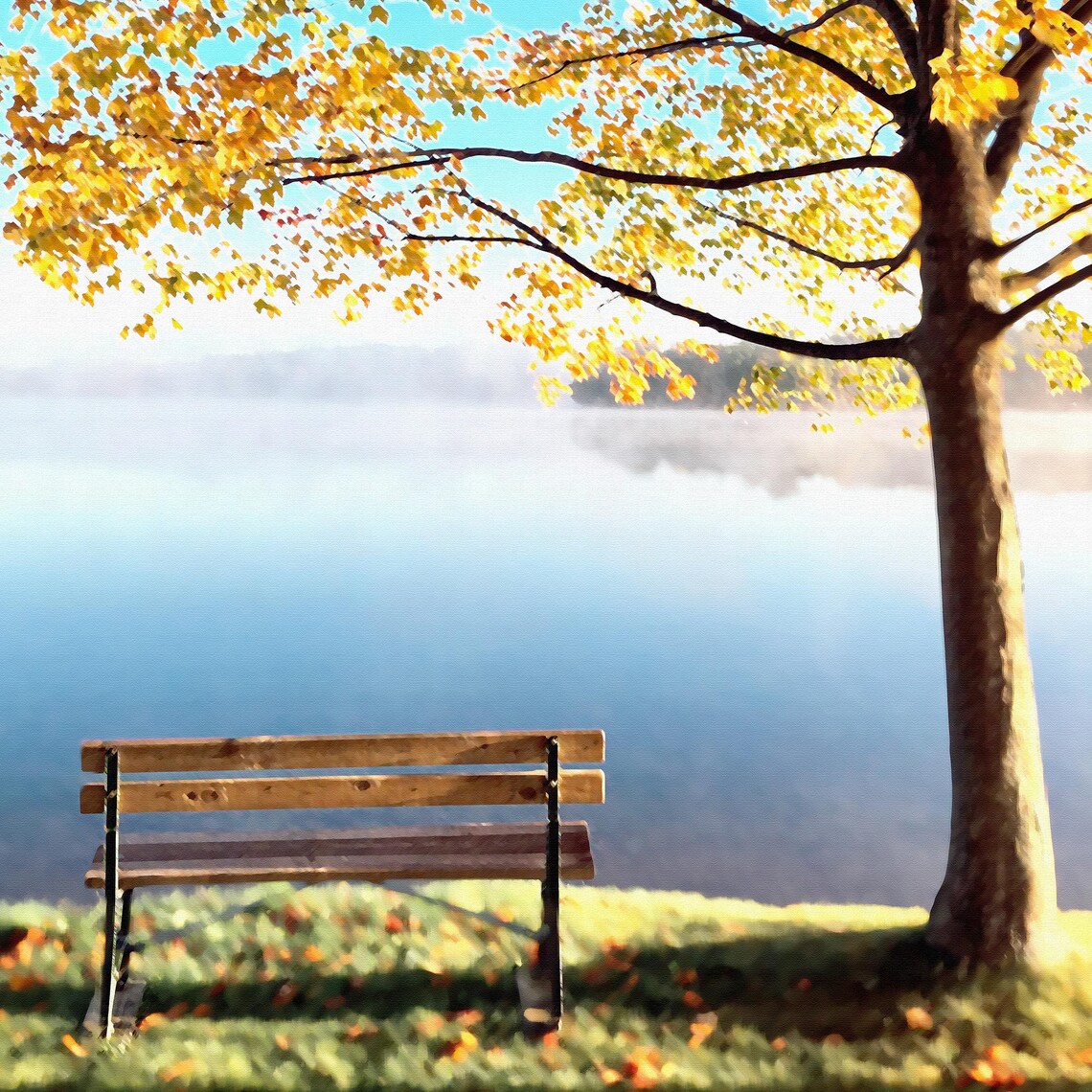 Autumn Landscape, Bench By A Lake Art Print - Image 3