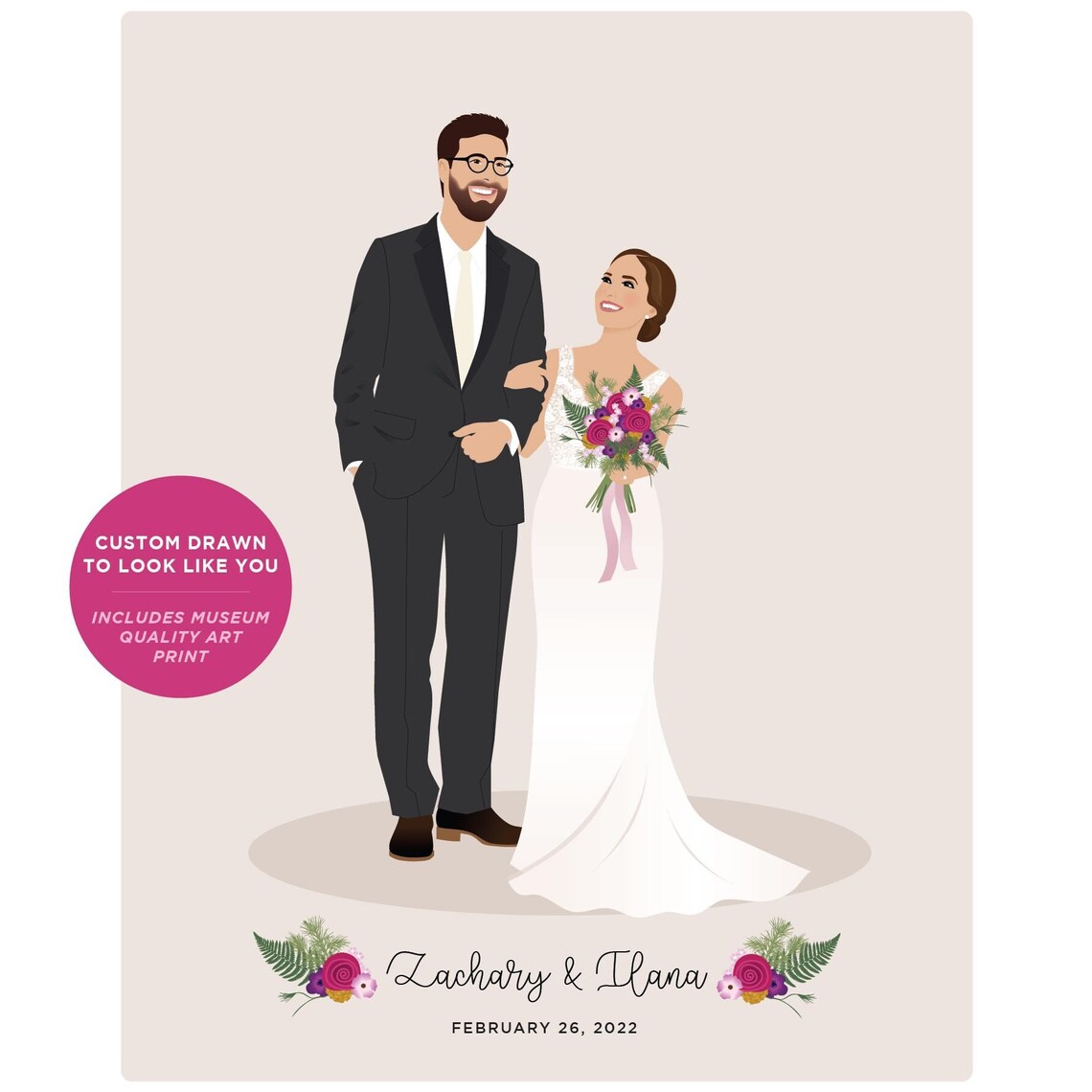 Custom Wedding Portrait, 1st Anniversary Gift
