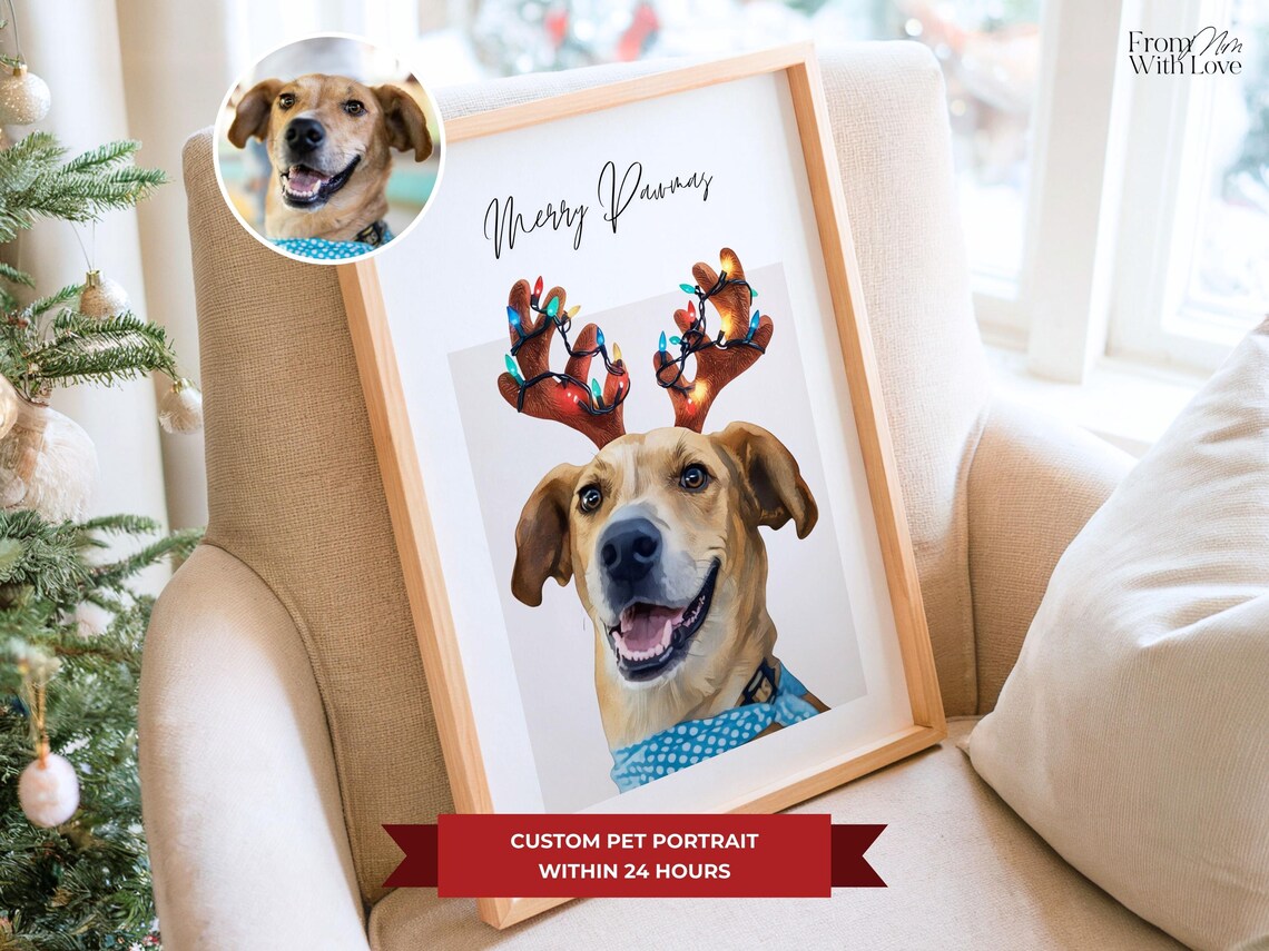 Merry Pawmas Reindeer Antler Dog Christmas Lights Gift Poster