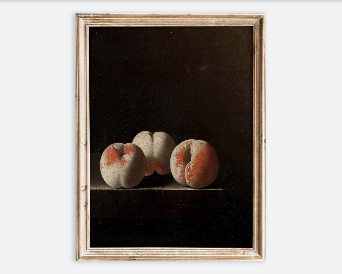 Three Peaches Still Life, Vintage Rustic Art Print