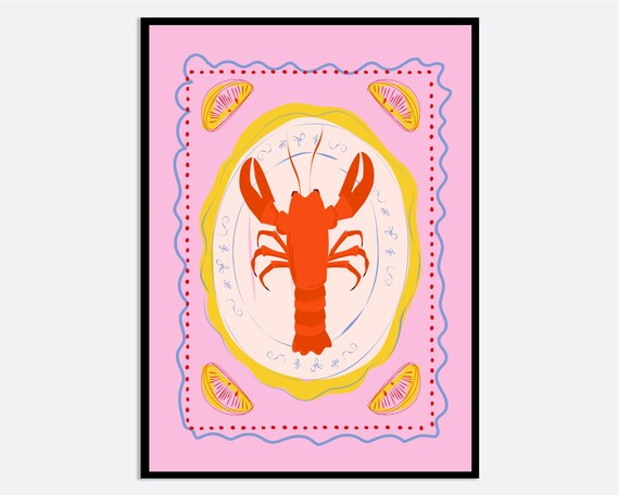 Lobster Dinner Plate Pink Seafood Hand Drawn Kitchen Wall Art