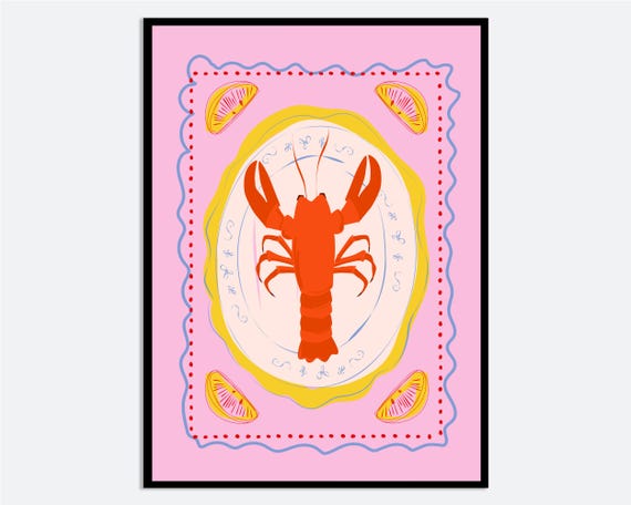 Lobster Plate Wall Art Print Hand Drawn Contemporary Seafood Illustration Modern Coastal Kitchen Poster Pink Nautical Ma188
