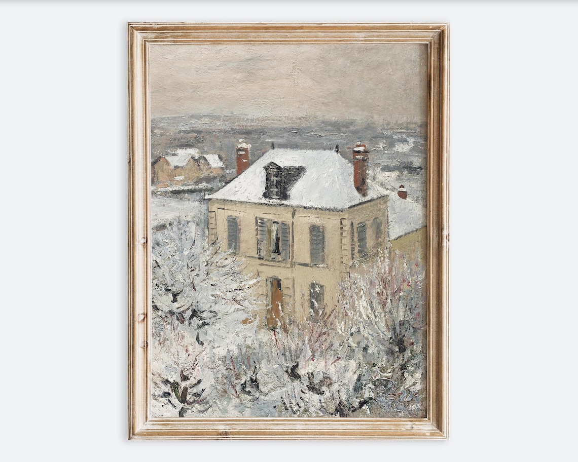 Rustic Vintage French House in Snow Winter Art Print