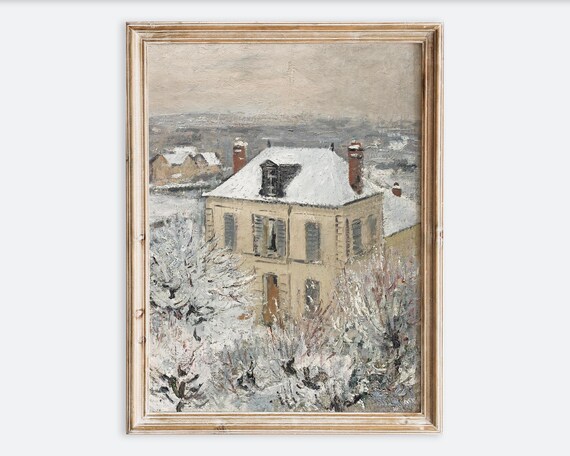 Rustic Vintage French House in Snow Winter Art Print