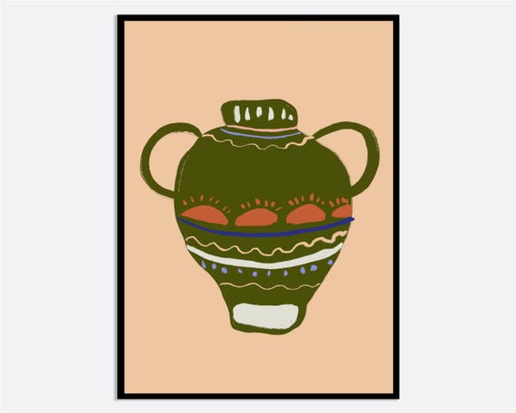Green Decorative Vase Wall Art Print Hand Drawn Ceramic Pot Illustration Modern Abstract Poster Contemporary Colorful Ma102