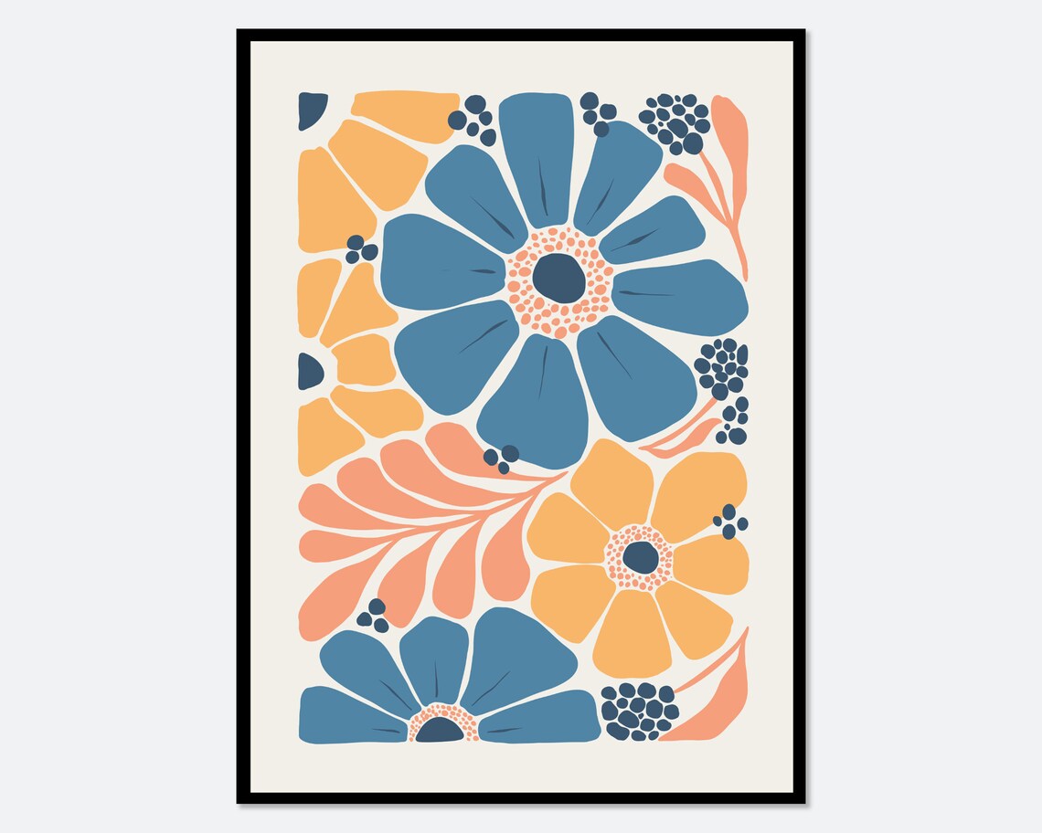 Retro Blue Mustard Floral Abstract Mid Century Modern Art Poster