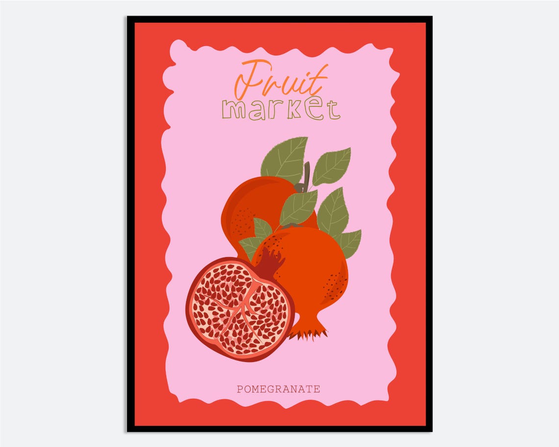 Pomegranate Fruit Market Pink Hand Drawn Retro Kitchen Wall Art