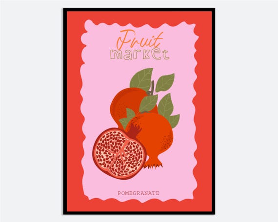 Pomegranate Fruit Farmers Market Wall Art Print Hand Drawn Contemporary Illustration Modern Kitchen Pink Red Poster Ma187