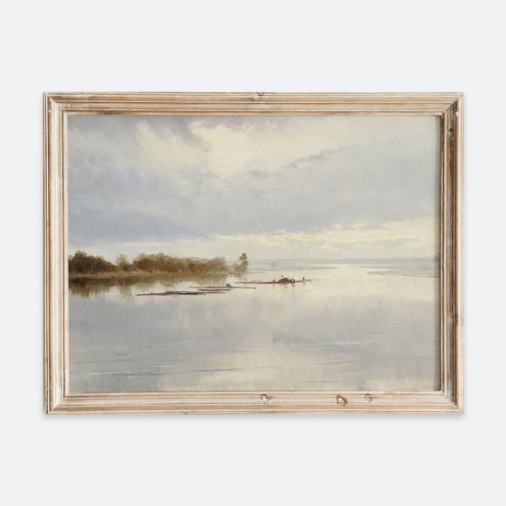 Vintage European Autumn Lake Oil Painting Wall Art Print Neutral Rustic River Fall Landscape Poster Antique Moody Farmhouse Decor Vp113