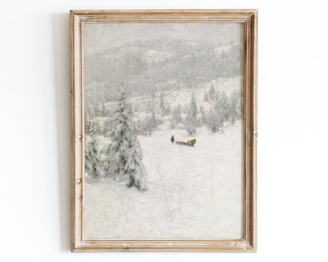 Antique Winter Landscape Poster, European Vintage Farmhouse