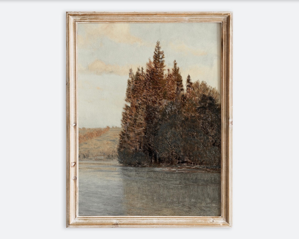 Autumn Lake Forest Golden Pines Still Water Vintage Oil Poster