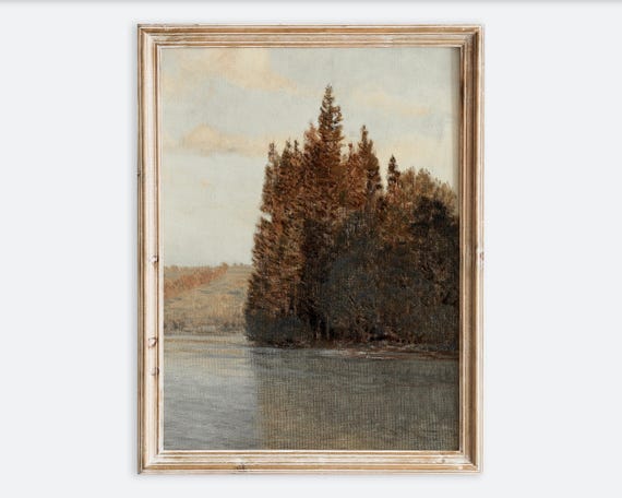 Rustic Vintage Autumn Lake Forest Landscape Oil Painting Wall Art Print Neutral Toned Poster Farmhouse Antique Dark Moody Mountain Vp244