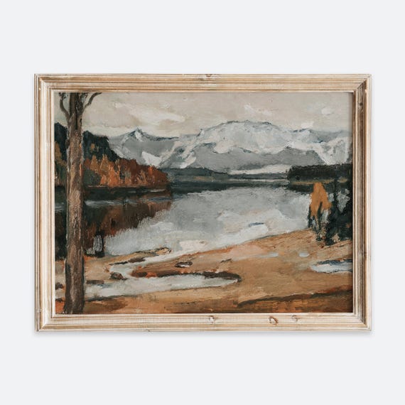 Rustic Vintage Autumn Kampenwand Mountain Lake Landscape Oil Painting Wall Art Print Farmhouse Antique Dark Fall Moody Poster Vp170