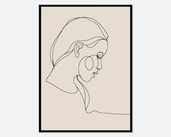 Single Line Girl Profile Drawing Minimalist Beige Artwork Poster