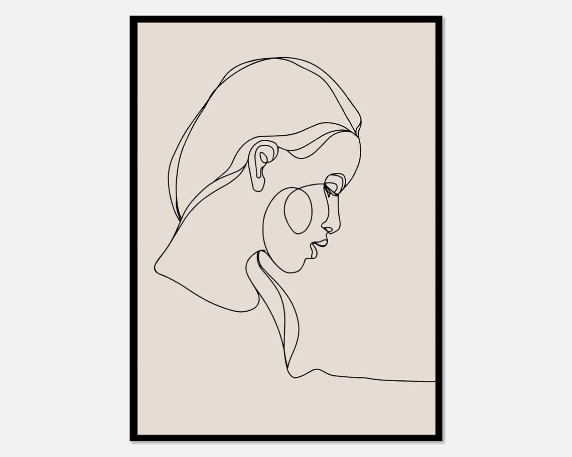 Single Line Girl Profile Drawing Minimalist Beige Artwork Poster