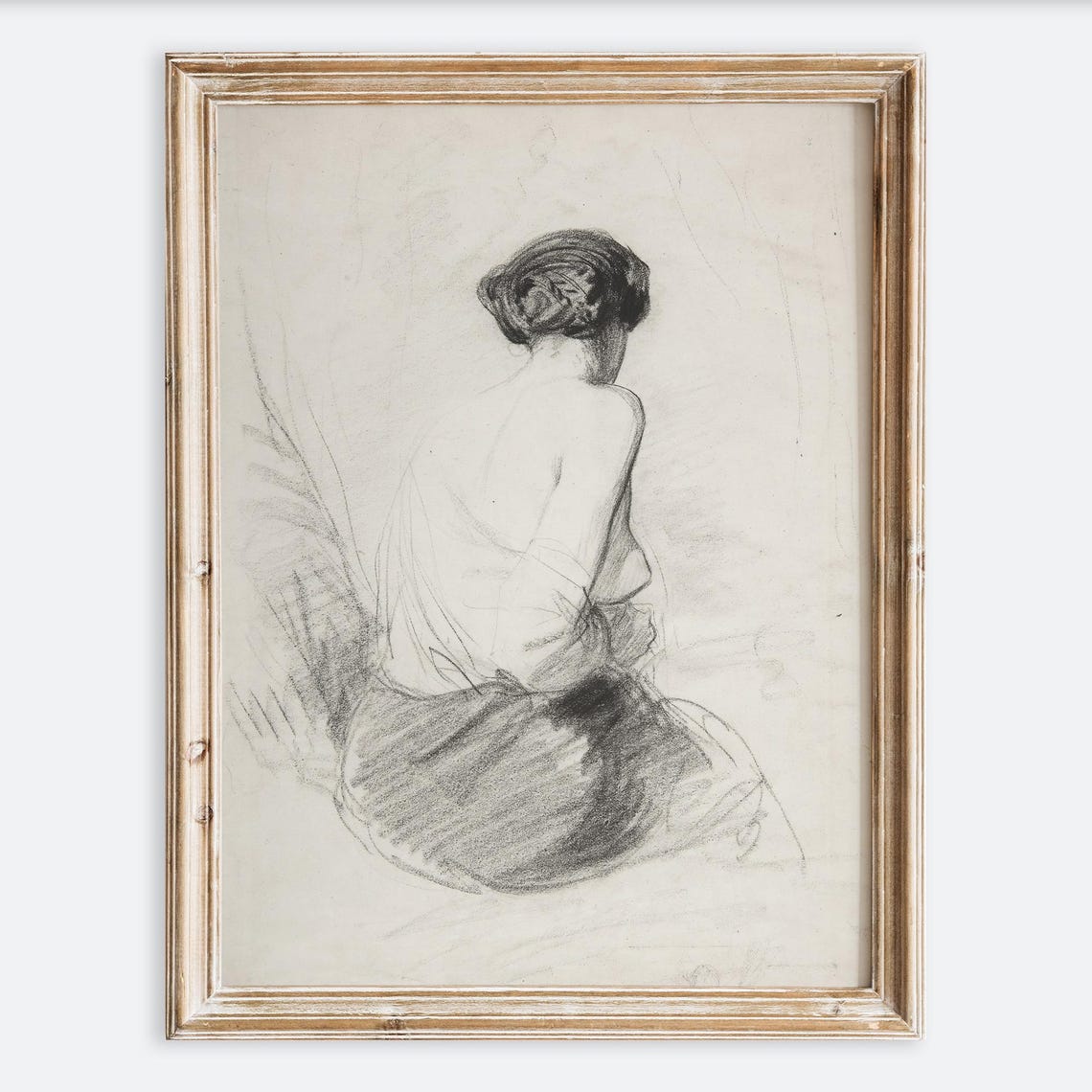 European Vintage Rustic Seated Woman Portrait Pencil Drawing Wall Art Print Antique Woman Line Art Poster Moody Dark Farmhouse Decor Vp175
