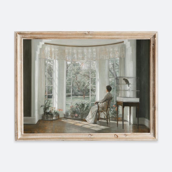 European Vintage Rustic Sitting Woman By The Window Portrait Oil Painting Wall Art Print Antique Girl Poster Moody Farmhouse Vp162