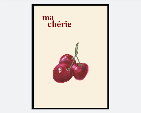 Cherries Ma Chrie Kitchen Wall Art Print Colorful Fruits Minimalistic Dining Room Red Hand Drawn Cherry Illustration Fm141
