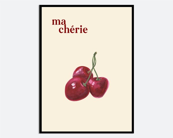 Ma Cherie Cherry Poster French Watercolor Red Cherries Minimal Kitchen Art