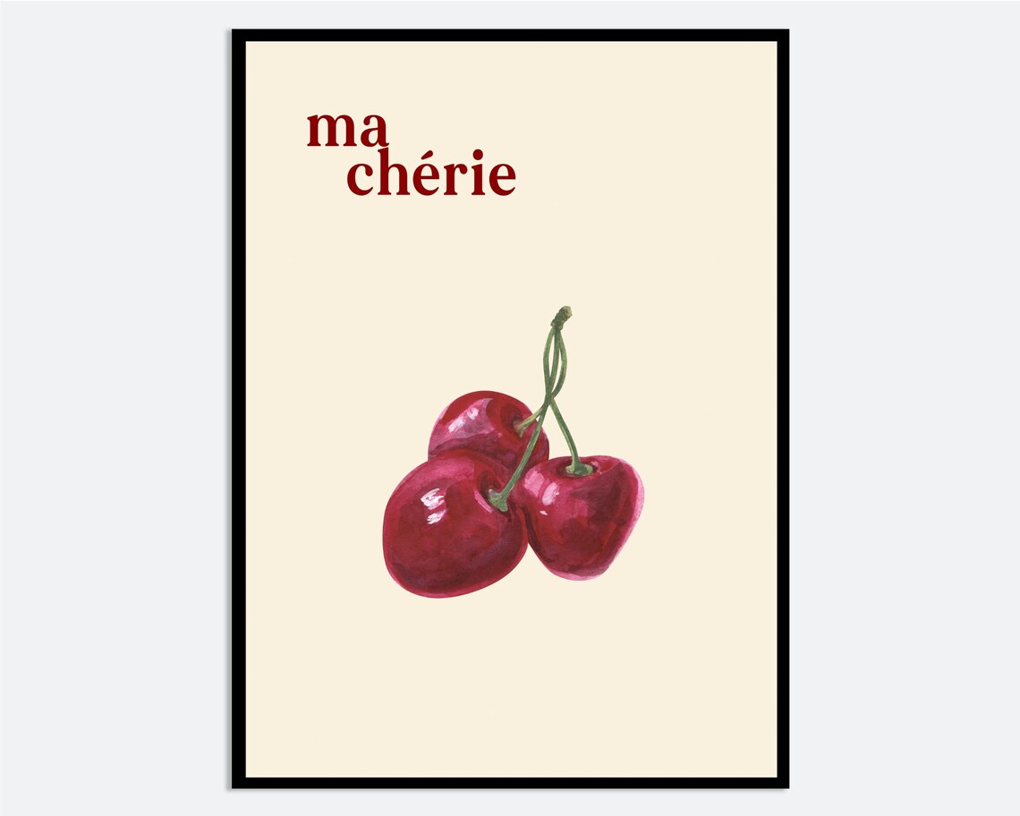 Ma Cherie Cherry Poster French Watercolor Red Cherries Minimal Kitchen Art