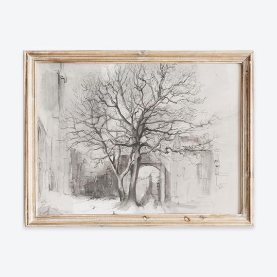 Vintage European Rustic Winter Tree Pencil Sketch Drawing Wall Art Print Line Poster Antique Moody Neutral Landscape Decor Vp214